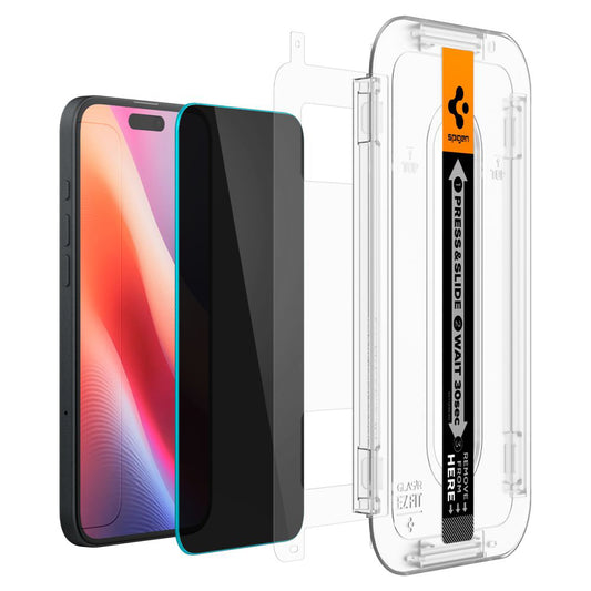 Beskyttelsesfolie for skjerm Privacy Spigen GlastR EZ FIT for Apple iPhone 16 / 15, Herdet glass, Full lim, Sett med 2 stykker AGL06905