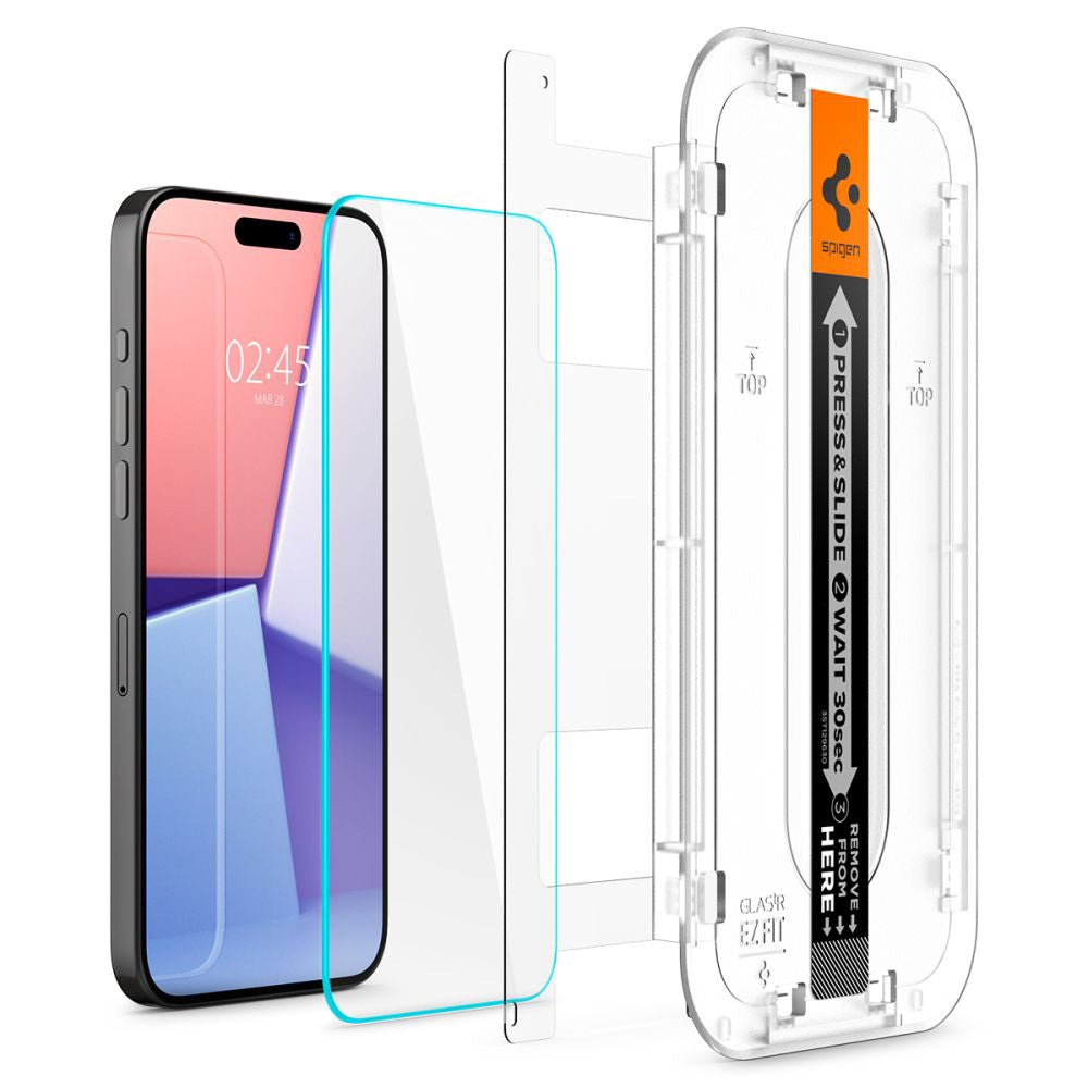 Skjermbeskyttelsesfolie Spigen GlastR EZ FIT for Apple iPhone 15 Pro Max, Herdet glass, Full lim, Sett med 2 stykker AGL06872