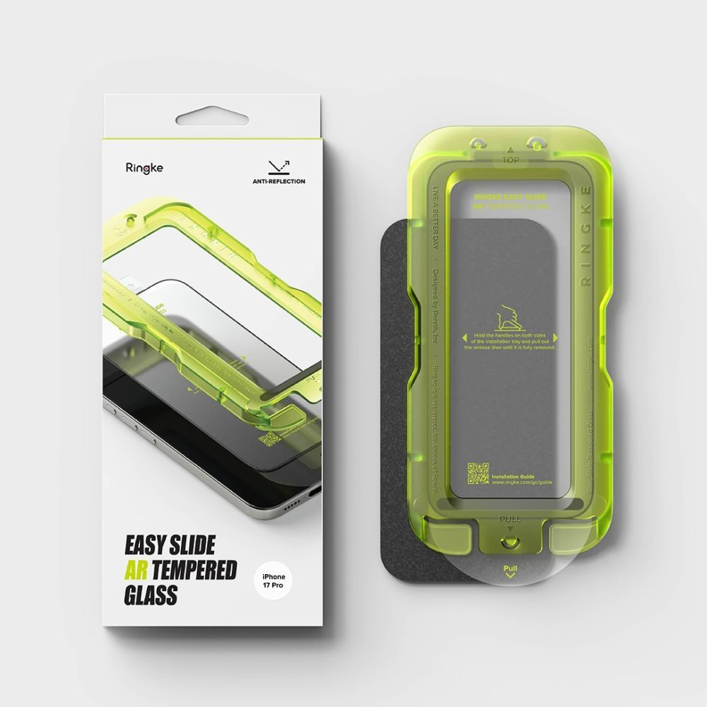 Ringke Easy Slide AR skjermbeskyttelse for Apple iPhone 17 Pro, Herdet glass, Full lim, 2.5D, Svart