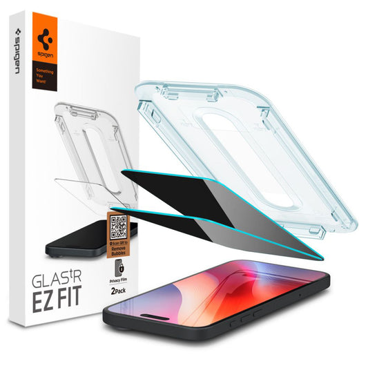 Beskyttelsesfolie for skjerm Privacy Spigen GlastR EZ FIT for Apple iPhone 16 / 15, Herdet glass, Full lim, Sett med 2 stykker AGL06905