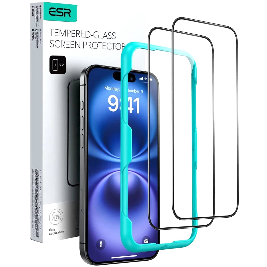 Beskyttelsesfilm ESR for Apple iPhone 16 Pro Max, Herdet glass, Full lim, Sett med 2 stykker, Svart