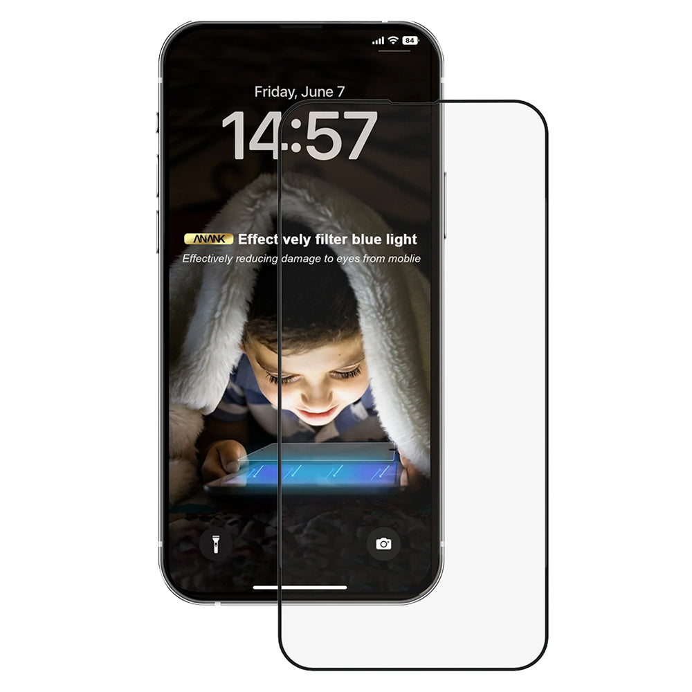 Anti Blue Light Skjermbeskyttelse Anank 3X Forsterket for Apple iPhone 16, Herdet Glass, Full Lim, 2.5D, Svart
