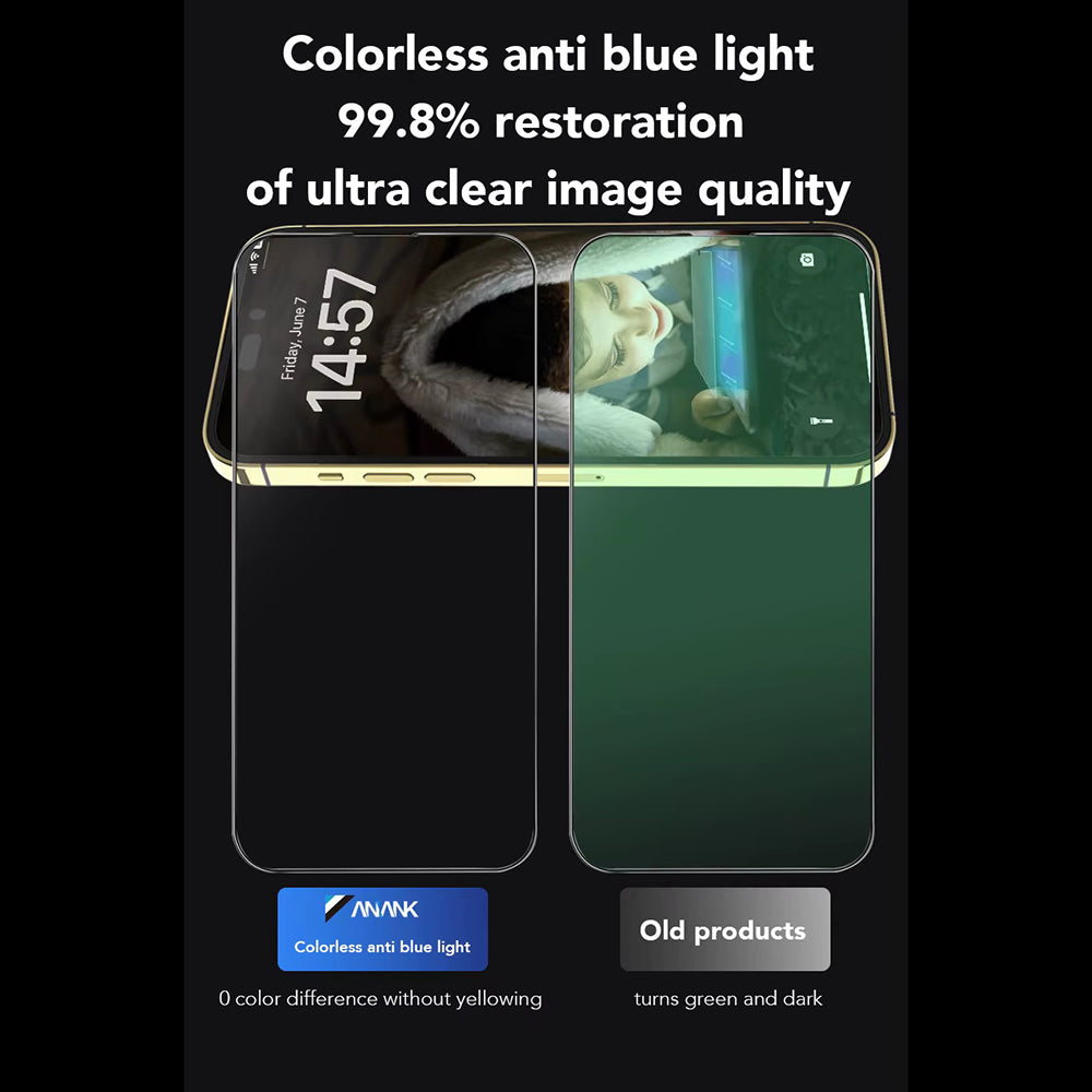 Anti Blue Light Skjermbeskyttelse Anank 3X Forsterket for Apple iPhone 16, Herdet Glass, Full Lim, 2.5D, Svart