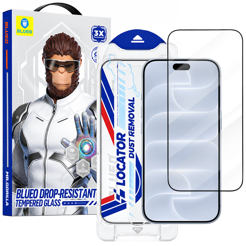 Blueo Drop Resistant Applicator Pro skjermbeskytter for Apple iPhone 18 Pro / 17 Pro / 17 / 16 Pro, herdet glass, heldekkende lim, svart