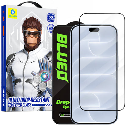Blueo Drop Resistant skjermbeskytter for Apple iPhone 18 Pro / 17 Pro / 17 / 16 Pro, herdet glass, heldekkende lim, svart