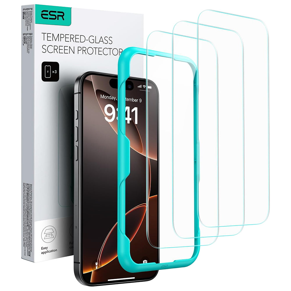 Skjermbeskytter ESR for Apple iPhone 17 / 16 Pro, Herdet glass, Full lim, Sett med 3 stykker