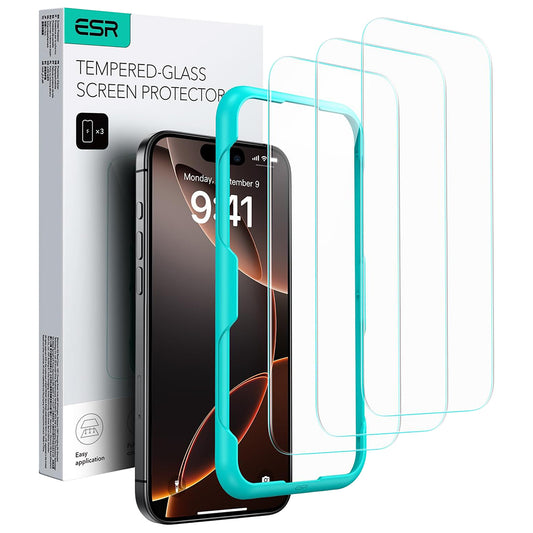 Skjermbeskytter ESR for Apple iPhone 17 / 16 Pro, Herdet glass, Full lim, Sett med 3 stykker