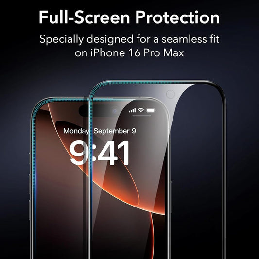 Skjermbeskytter ESR for Apple iPhone 17 / 16 Pro, Herdet glass, Full lim, Sett med 3 stykker