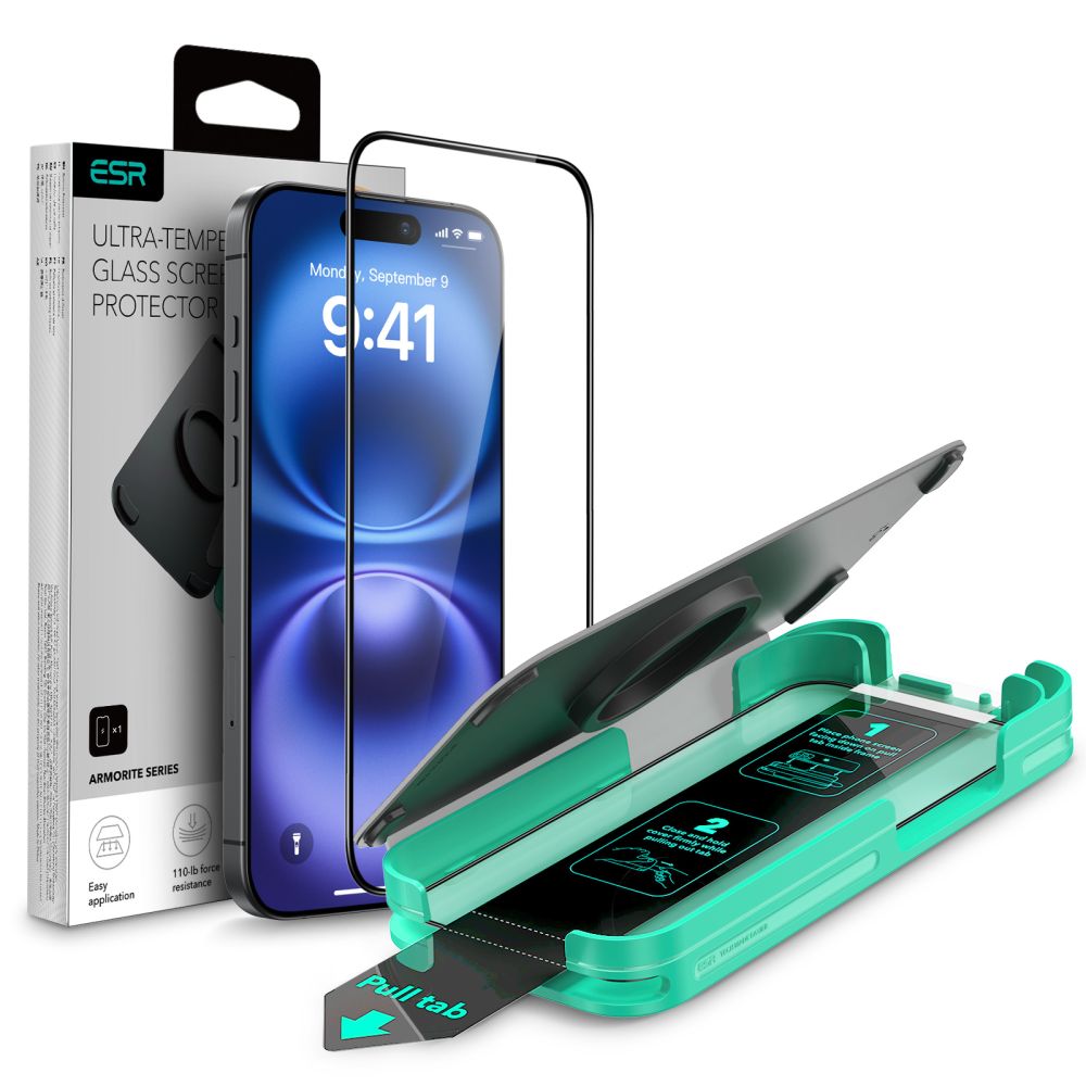 Beskyttelsesfolie ESR Armorite for Apple iPhone 16 Plus / 15 Plus, Herdet Glass, Full Lim, Svart