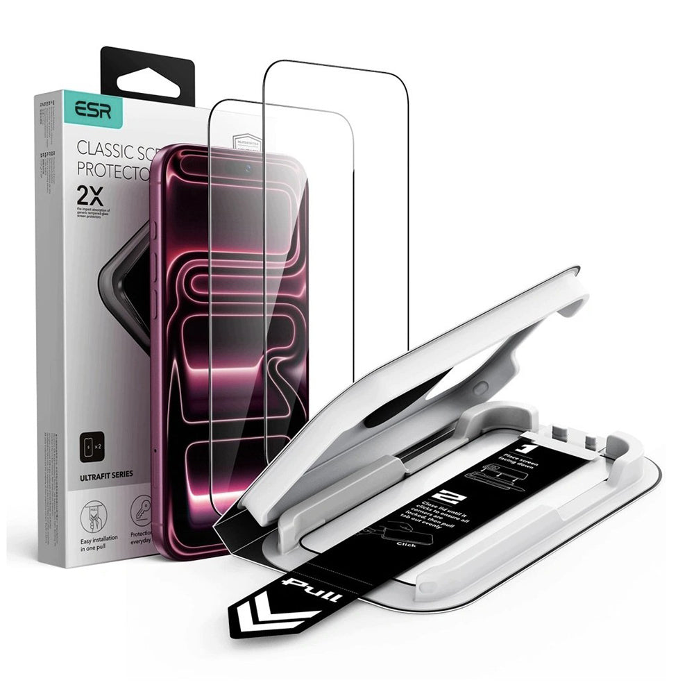 ESR UltraFit Classic skjermbeskyttelse for Apple iPhone 18 Pro Max / 17 Pro Max, Herdet glass, Full lim, Sett med 2 stk, Svart
