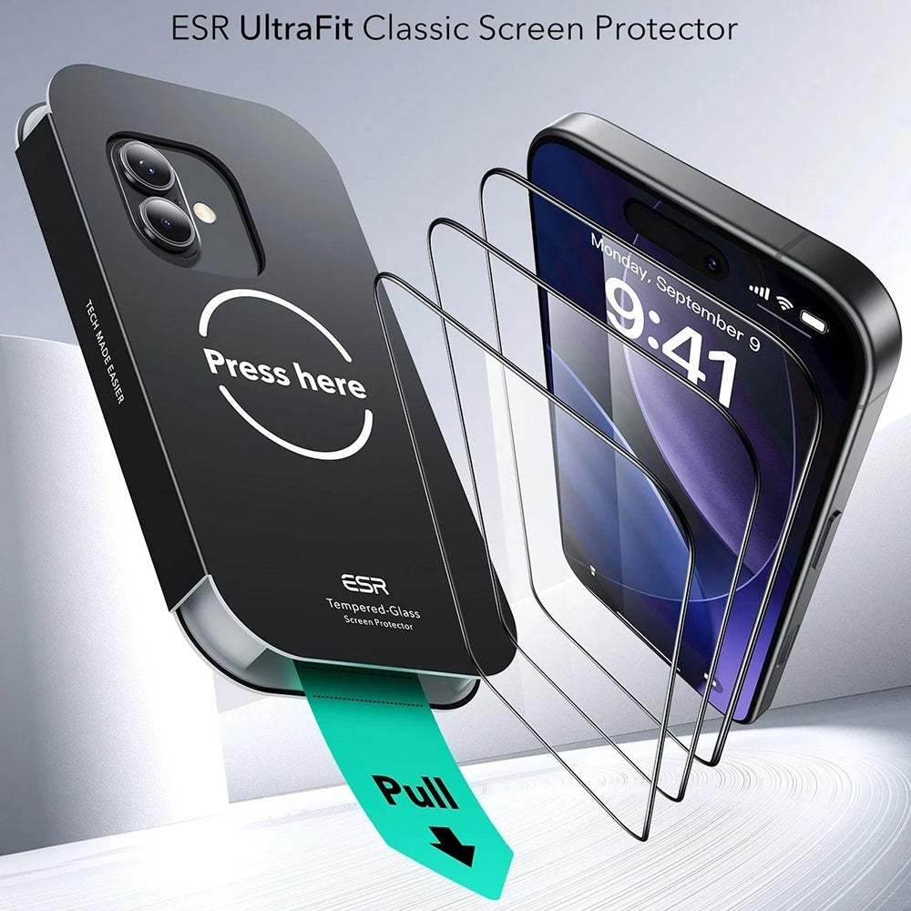 Skjermbeskytter ESR UltraFit for Apple iPhone 17 / 16 Pro, Herdet glass, Full lim, Sett med 3 stykker