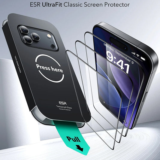Skjermbeskytter ESR UltraFit for Apple iPhone 17 Pro, Herdet glass, Full lim, Sett med 3 stykker