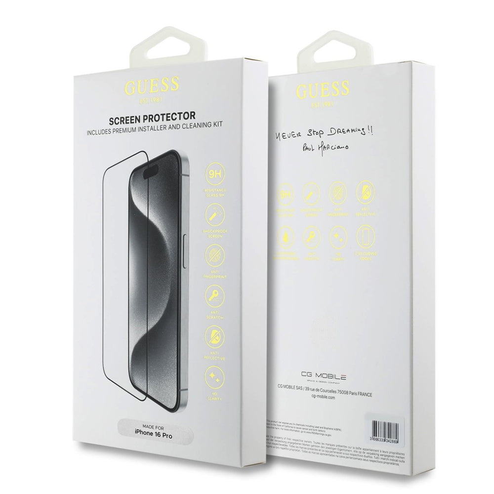 Skjermbeskyttelsesfolie Guess Classic Outline for Apple iPhone 16, Herdet Glass, Full Lim, 2.5D, Svart GUTGP16SBOKGCIT