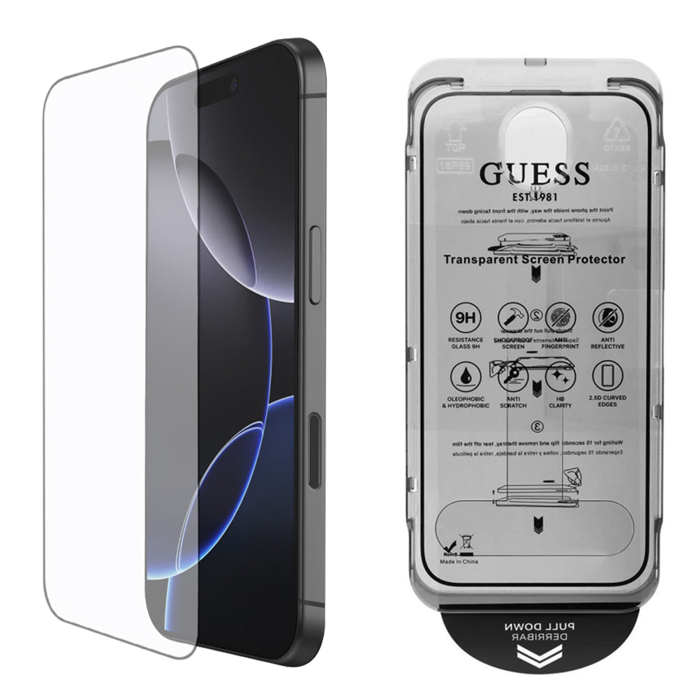 Skjermbeskyttelsesfolie Guess Classic Outline for Apple iPhone 16, Herdet Glass, Full Lim, 2.5D, Svart GUTGP16SBOKGCIT