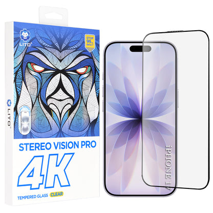 Beskyttelsesfolie Lito D+ Max 4K for Apple iPhone 17 / 16 Pro, Herdet Glass, Full Glue, Svart