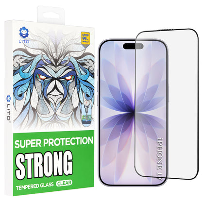 Beskyttelsesfolie Lito D+ Max Strong for Apple iPhone 17 / 16 Pro, Herdet Glass, Full Glue, Svart