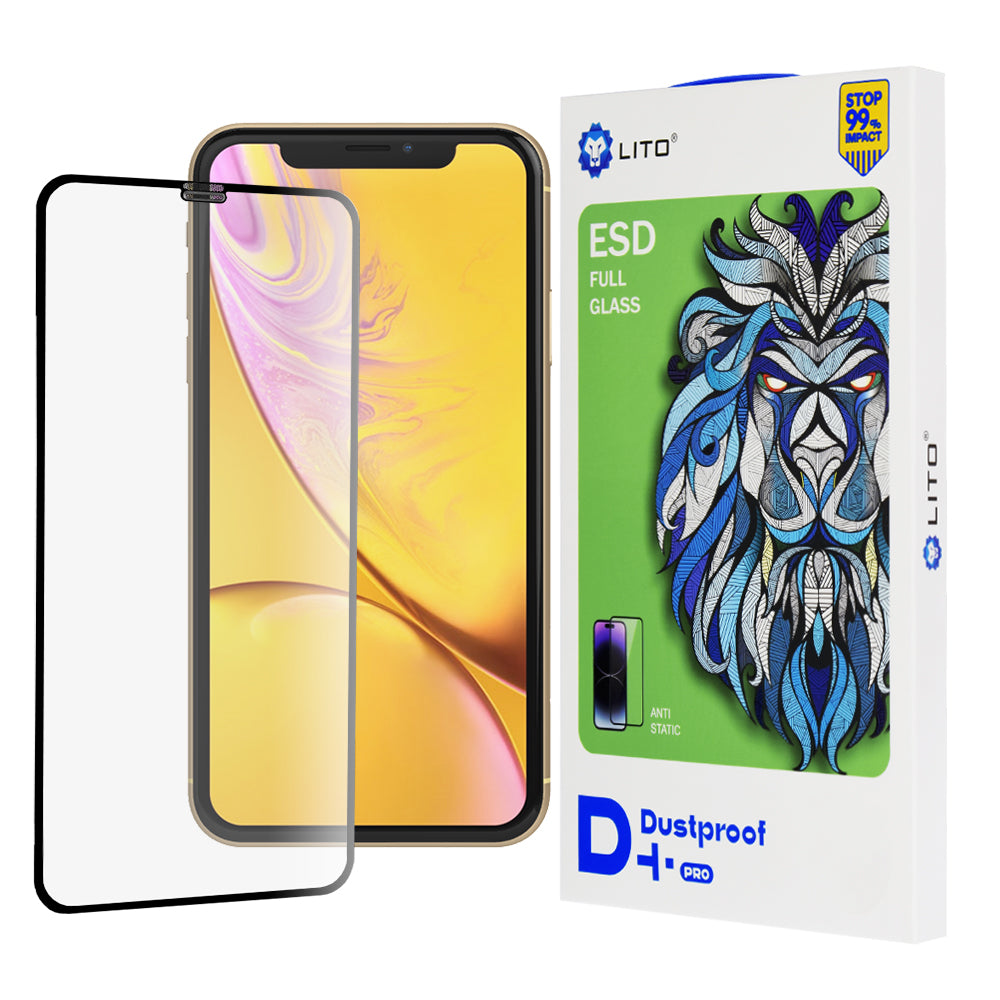 Lito D+ Pro støvbeskyttende skjermbeskytter for Apple iPhone 11 / XR, herdet glass, full lim, svart