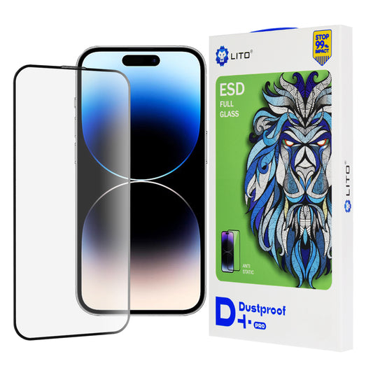 Lito D+ Pro Støvtett Skjermbeskytter for Apple iPhone 14 Pro, Herdet Glass, Full Lim, Svart