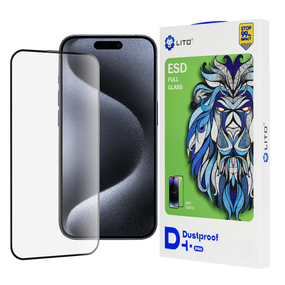 Lito D+ Pro Støvtett Skjermbeskytter for Apple iPhone 15 Pro, Herdet Glass, Full Lim, Svart