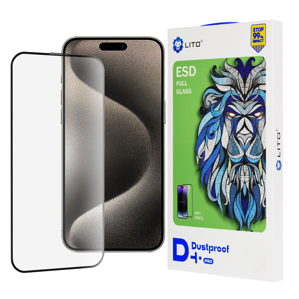 Lito D+ Pro Støvtett Skjermbeskytter for Apple iPhone 15, Herdet Glass, Full Lim, Svart