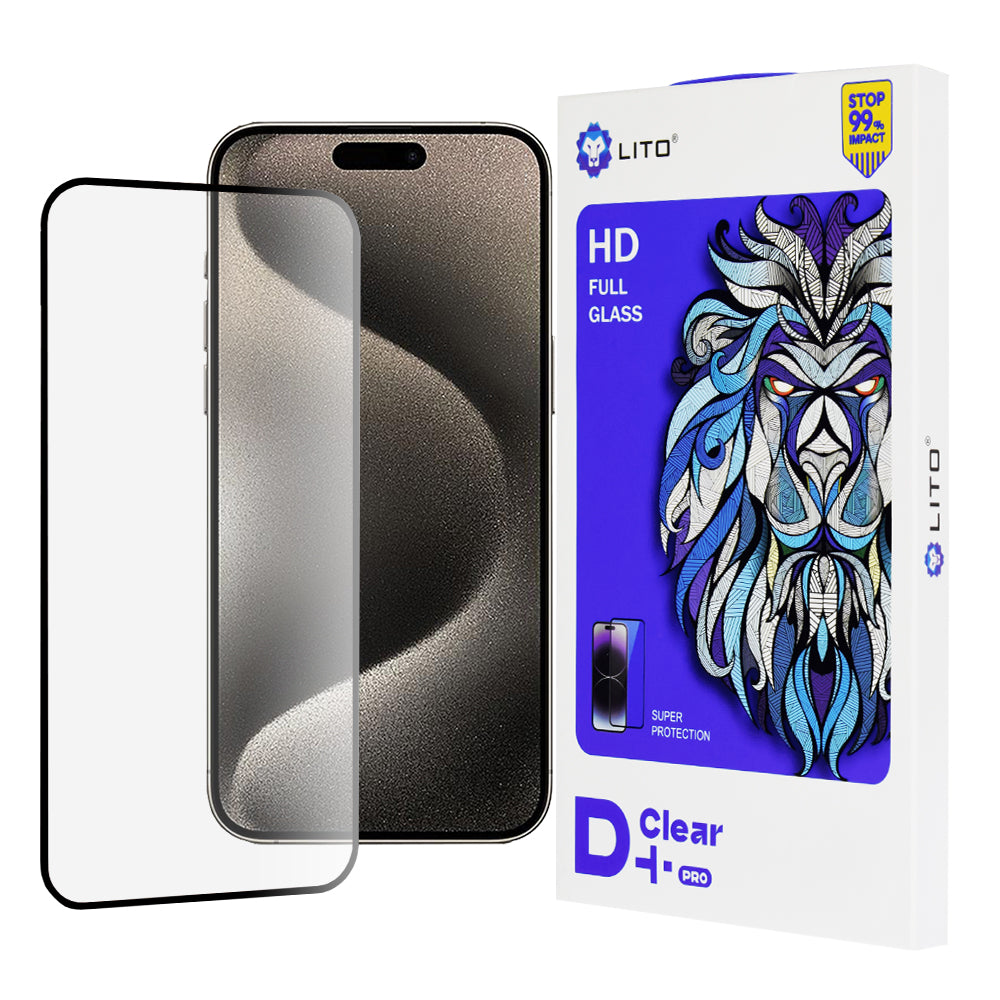 Lito D+ Pro skjermbeskyttelsesfilm for Apple iPhone 15 Pro Max, Herdet glass, Full lim, Svart