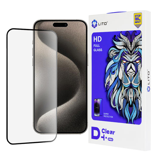 Lito D+ Pro skjermbeskyttelsesfilm for Apple iPhone 15 Pro Max, Herdet glass, Full lim, Svart