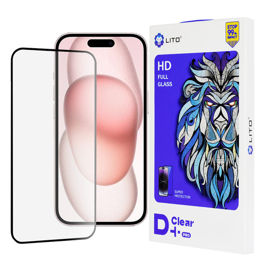 Lito D+ Pro skjermbeskyttelse for Apple iPhone 15, Herdet glass, Full lim, Svart