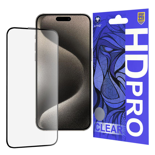 Lito HD Pro Clear skjermbeskyttelse for Apple iPhone 15 Pro Max, Herdet glass, Full lim, Svart
