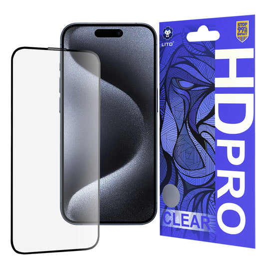 Lito HD Pro Clear skjermbeskyttelse for Apple iPhone 15 Pro, Herdet glass, Full lim, Svart