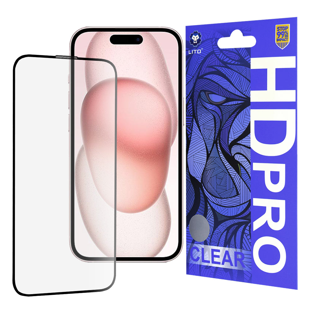Lito HD Pro Clear skjermbeskyttelsesfilm for Apple iPhone 15, Herdet glass, Full lim, Svart