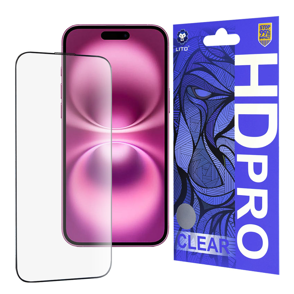 Lito HD Pro Clear skjermbeskyttelse for Apple iPhone 16 Plus, herdet glass, full lim, svart