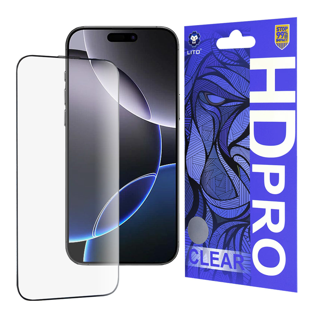 Lito HD Pro Clear skjermbeskyttelse for Apple iPhone 16 Pro Max, herdet glass, full lim, svart