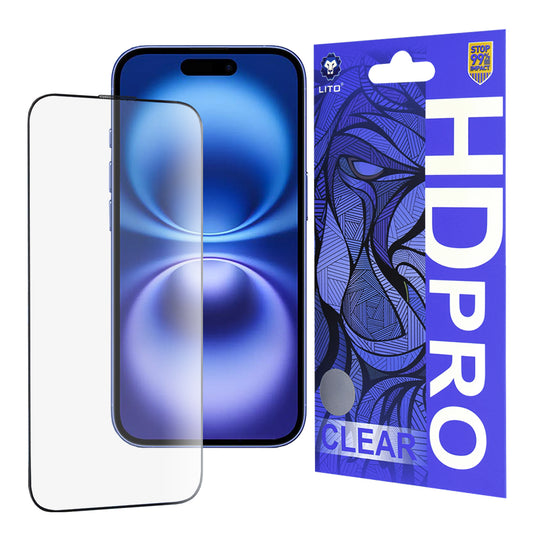 Lito HD Pro Clear skjermbeskyttelse for Apple iPhone 16, Herdet glass, Full lim, Svart