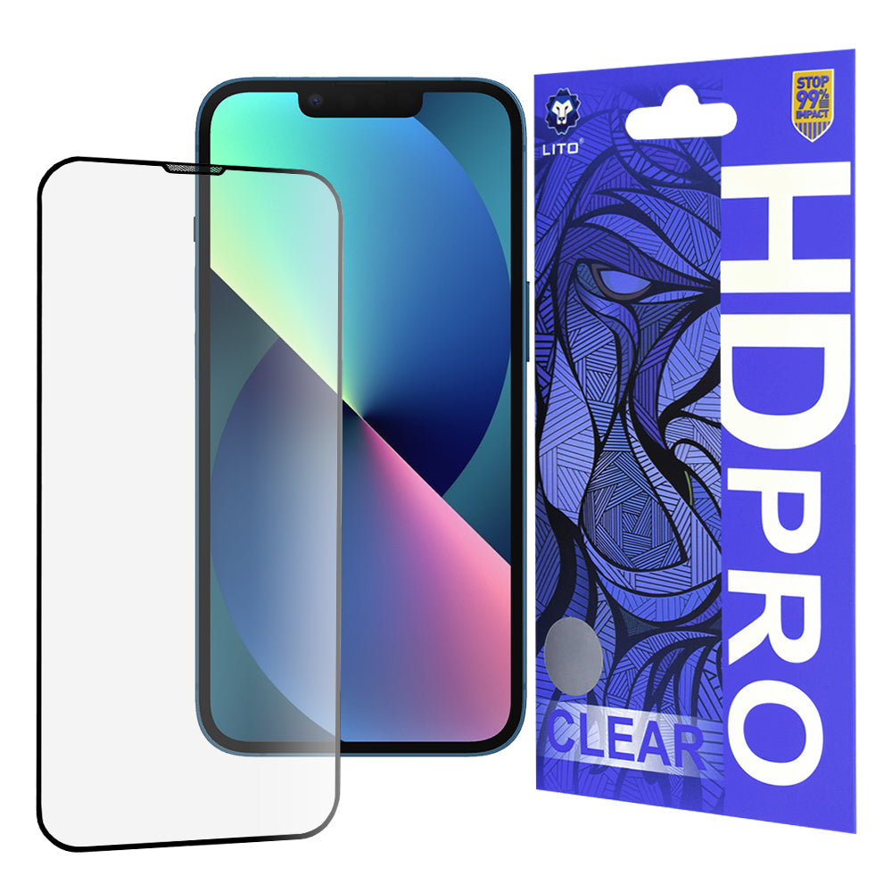 Lito HD Pro Clear skjermbeskyttelse for Apple iPhone 17e / 16e / 14 / 13 Pro, Herdet glass, Full lim, Svart