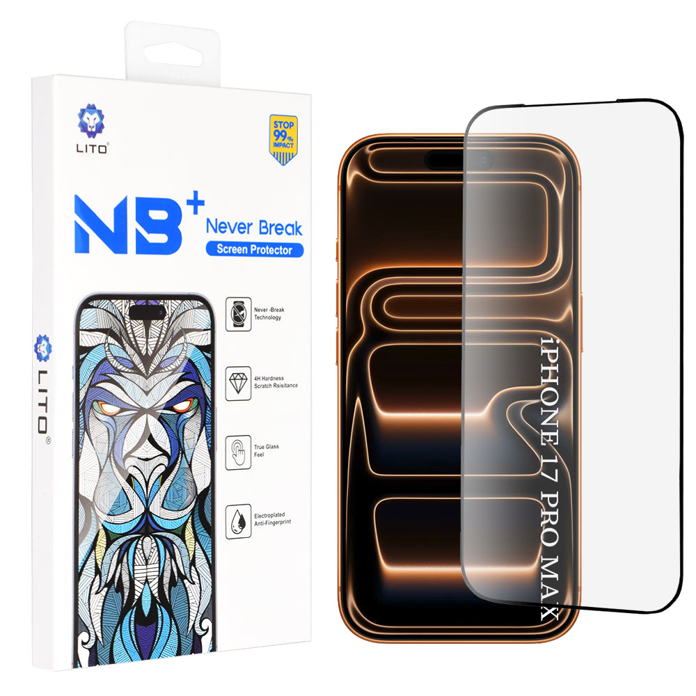Beskyttelsesfolie Lito NB-skjerm for Apple iPhone 17 Pro Max, Herdet glass, Full lim, Svart