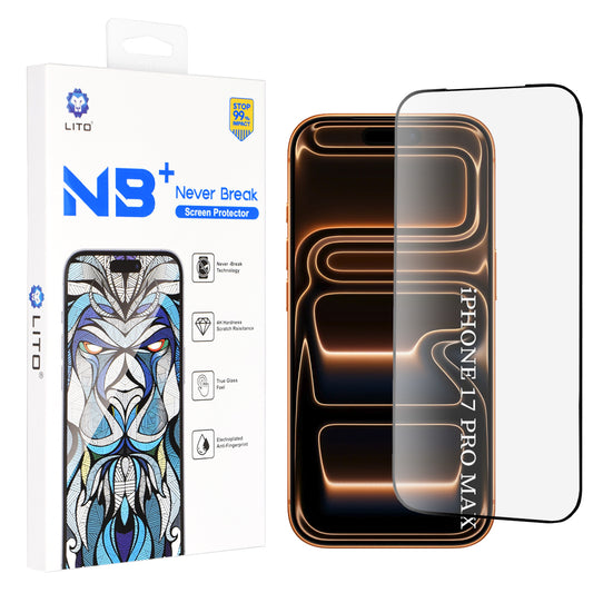 Beskyttelsesfolie Lito NB-skjerm for Apple iPhone 17 Pro Max, Herdet glass, Full lim, Svart