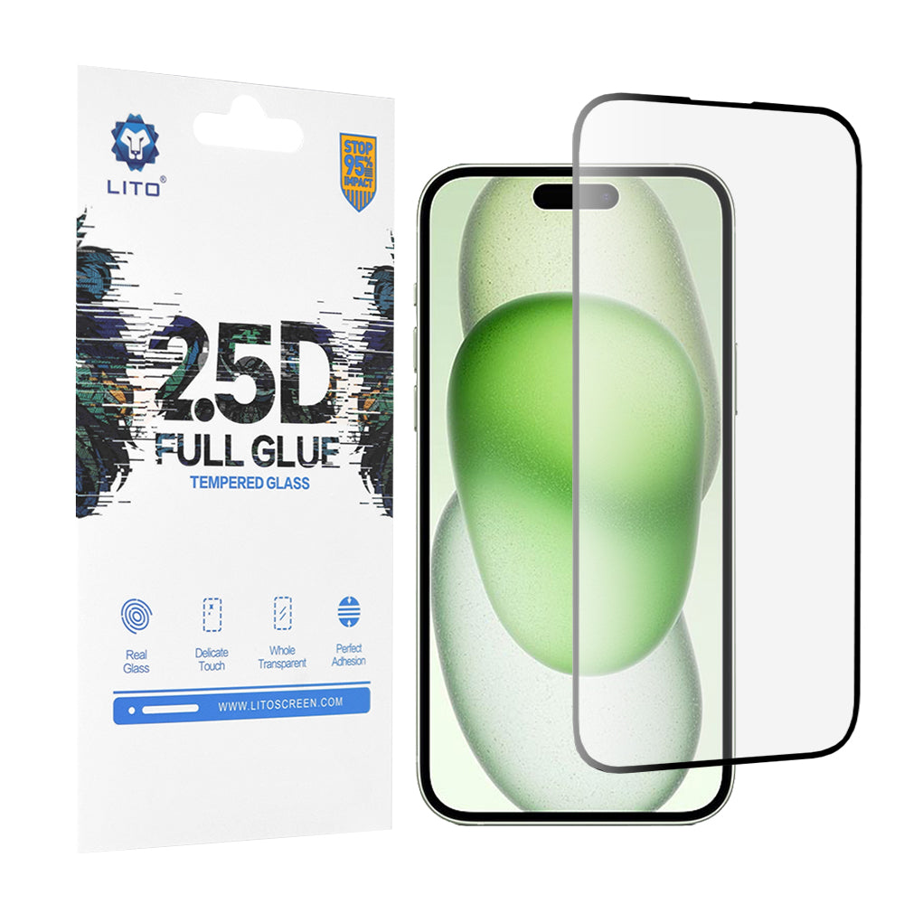 Lito skjermbeskyttelsesfilm for Apple iPhone 15 Plus, Herdet glass, Full lim, 2.5D, Svart