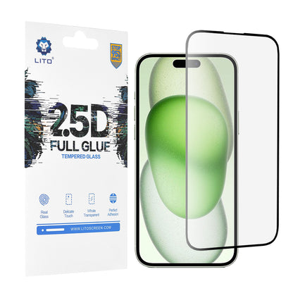 Lito skjermbeskyttelsesfilm for Apple iPhone 15 Plus, Herdet glass, Full lim, 2.5D, Svart