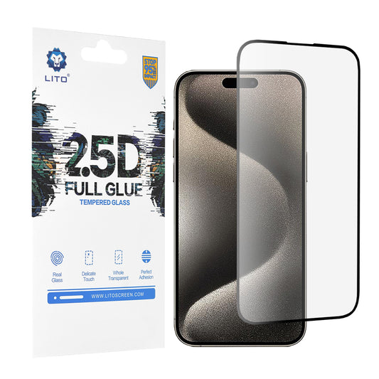 Lito skjermbeskyttelse for Apple iPhone 15 Pro Max, Herdet glass, Full lim, 2.5D, Svart