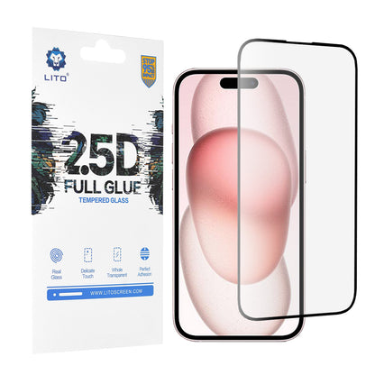 Lito skjermbeskyttelse for Apple iPhone 15, Herdet glass, Full lim, 2.5D, Svart