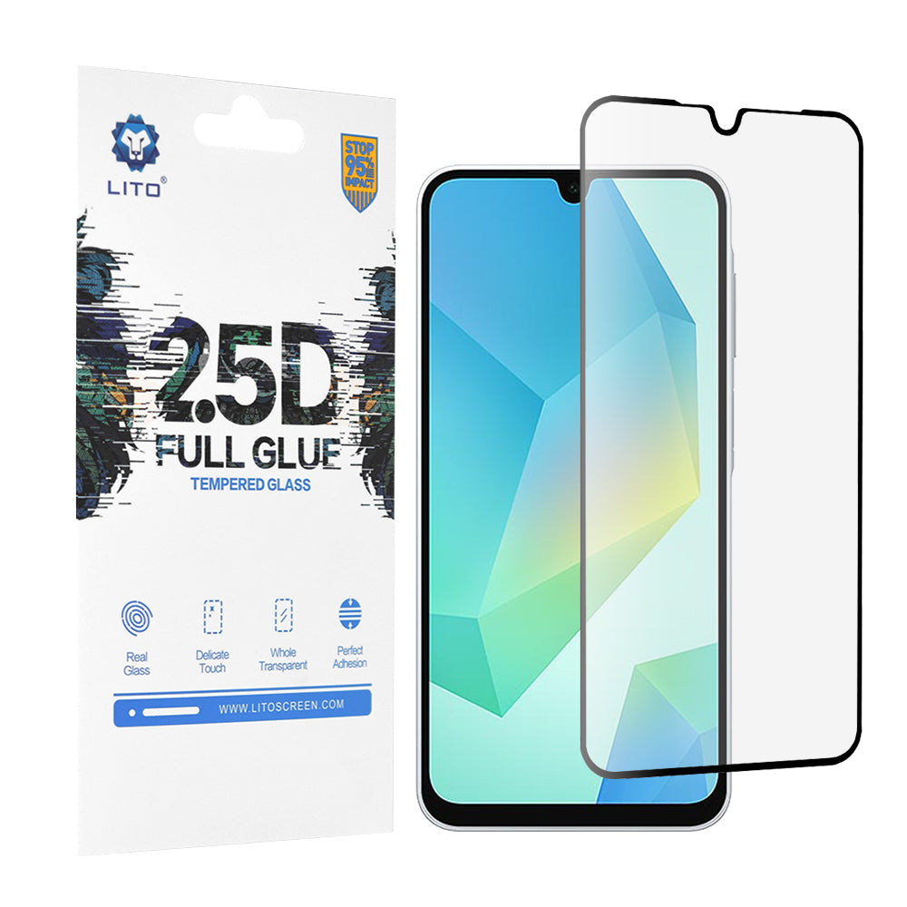 Lito skjermbeskyttelsesfilm for Samsung Galaxy A16 5G A166 / A16 4G A165, Herdet glass, Full lim, 2.5D, Svart
