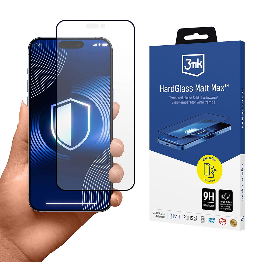 Skjermbeskytter Matte 3MK HardGlass Max for Apple iPhone 17 Pro, Herdet Glass, Full Lim, Svart