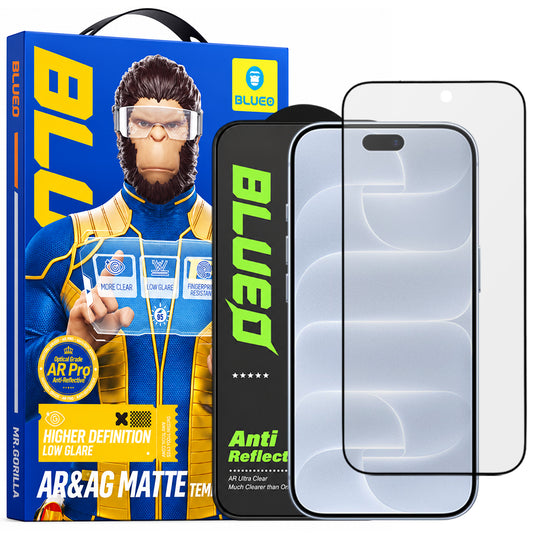 Blueo Matte Anti-Reflective HD skjermbeskytter for Apple iPhone 18 Pro, herdet glass, full limflate, svart