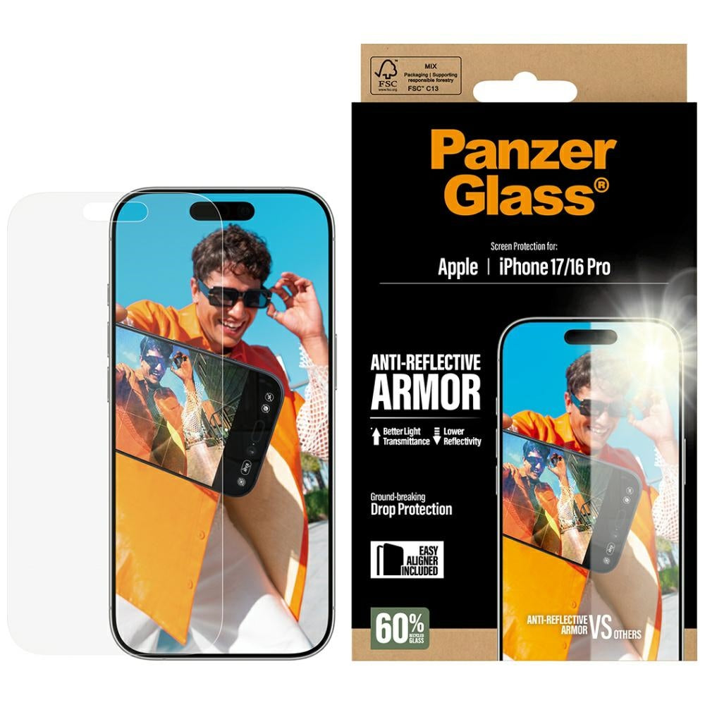 Beskyttelsesfolie Matte PanzerGlass Armor EasyAligner for Apple iPhone 17 / 16 Pro, Herdet Glass, Full Lim