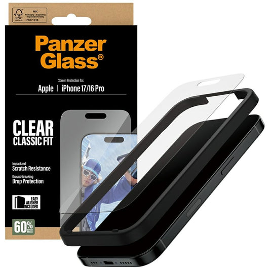 PanzerGlass Classic Fit EasyAligner skjermbeskyttelse for Apple iPhone 17 / 16 Pro, Herdet glass, Full lim