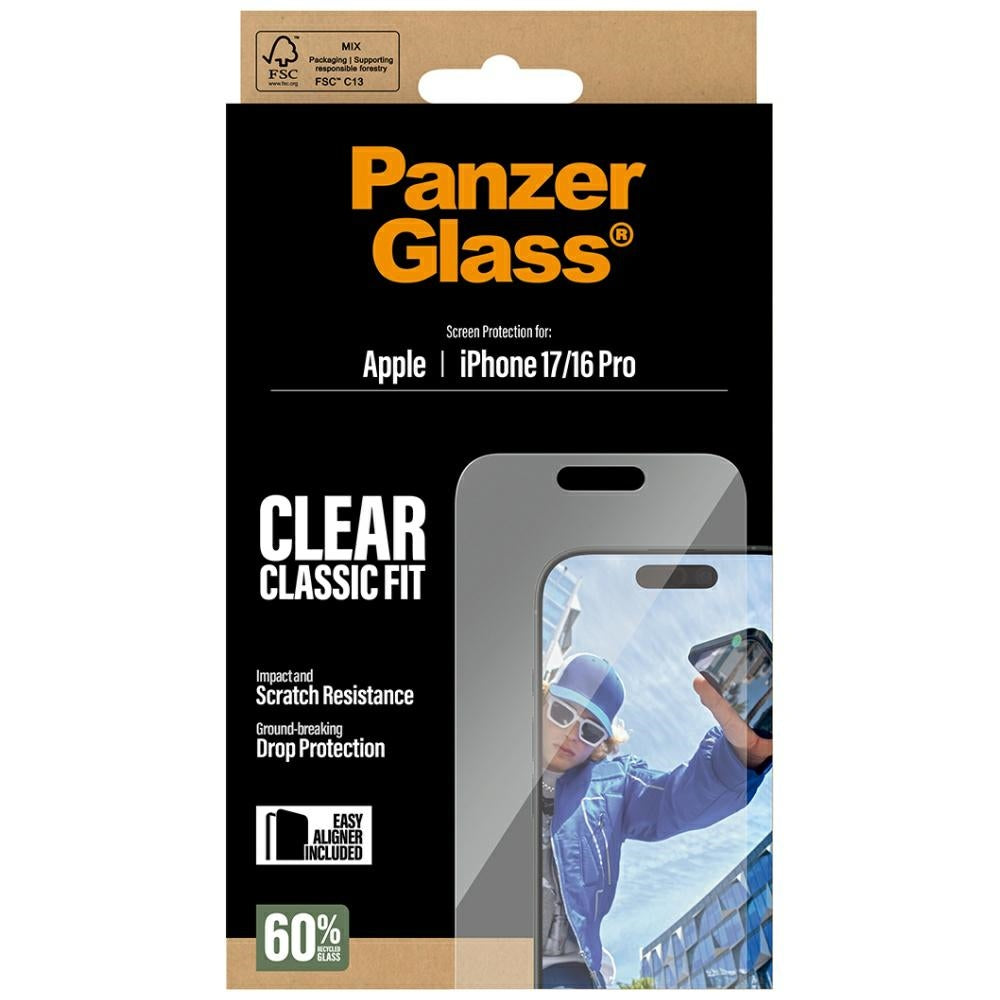 PanzerGlass Classic Fit EasyAligner skjermbeskyttelse for Apple iPhone 17 / 16 Pro, Herdet glass, Full lim