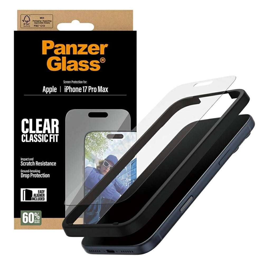Beskyttelsesfolie Skjerm PanzerGlass Classic Fit EasyAligner for Apple iPhone 17 Pro Max, Herdet Glass, Full Lim