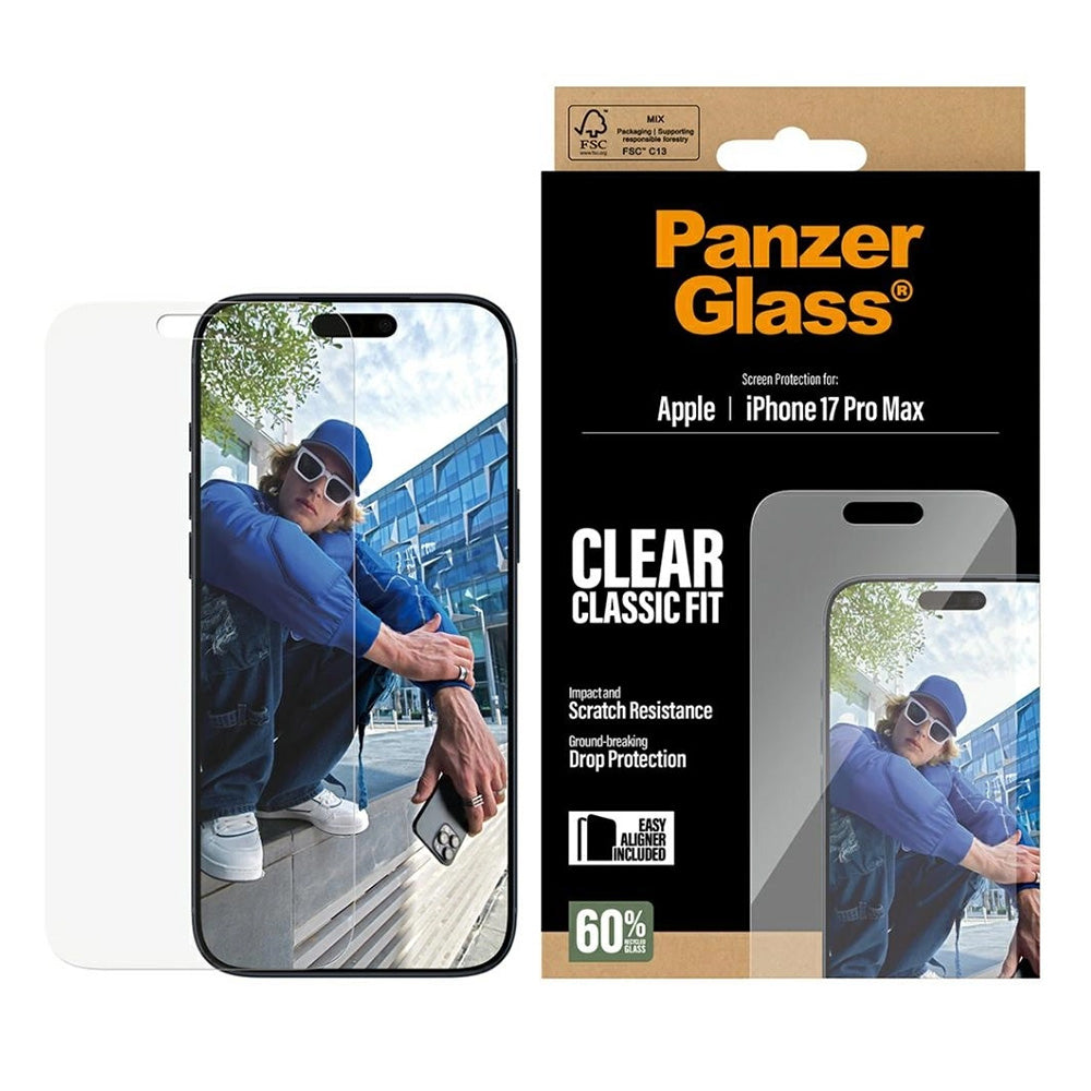 Beskyttelsesfolie Skjerm PanzerGlass Classic Fit EasyAligner for Apple iPhone 17 Pro Max, Herdet Glass, Full Lim