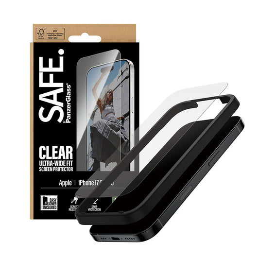 Beskyttelsesfolie PanzerGlass Safe skjerm. Ultra-Wide Fit EasyAligner for Apple iPhone 17 / 16 Pro, Herdet glass, Full lim
