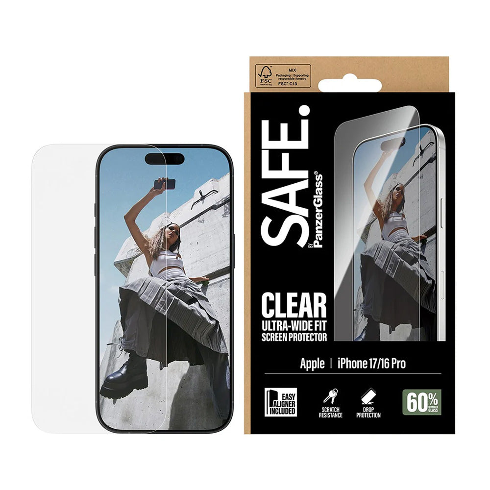 Beskyttelsesfolie PanzerGlass Safe skjerm. Ultra-Wide Fit EasyAligner for Apple iPhone 17 / 16 Pro, Herdet glass, Full lim